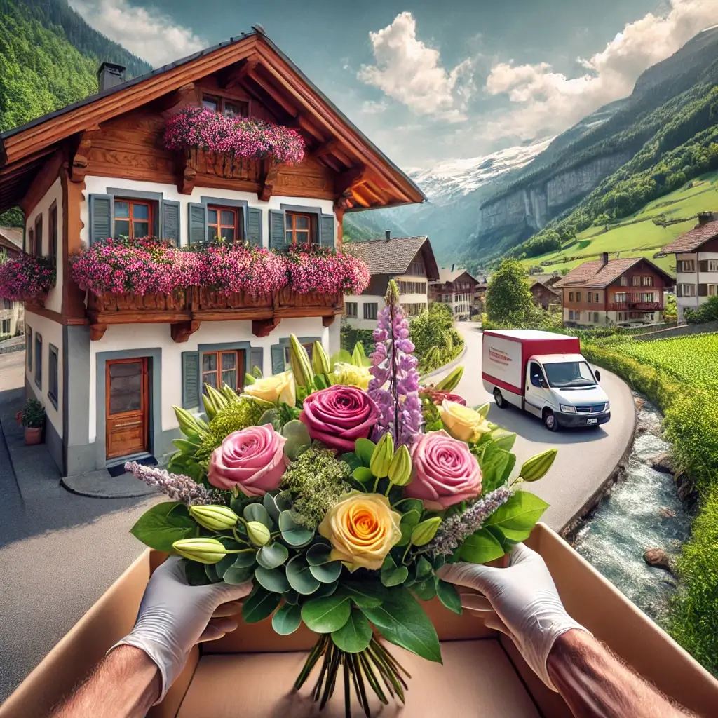 Blumenlieferung in Tavanasa – Florist übergibt frische Blumen vor Bündner Haus mit Aussicht auf das Rheintal.