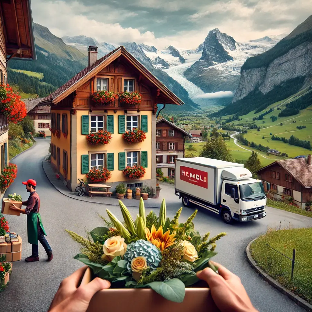 Blumenlieferung in Danis – Florist übergibt frische Blumen vor Bündner Haus mit Blick auf das Vorderrheintal.