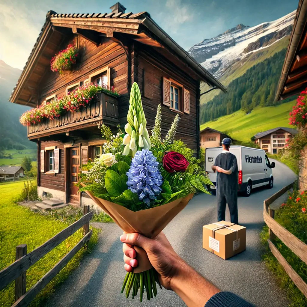 Blumenlieferung in Dardin – Florist übergibt frische Blumen vor Bündner Haus mit Blick über das Vorderrheintal.