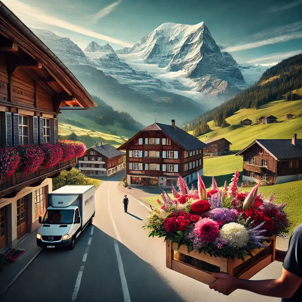 Blumenlieferung in Breil/Brigels – Florist übergibt frische Blumen vor traditionellem Haus mit Blick auf die Alpen.