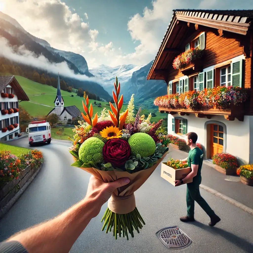 Blumenlieferung in Trun – Florist übergibt frische Blumen vor traditionellem Haus mit Blick auf das Vorderrheintal.