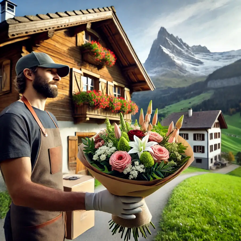 Blumenlieferung in Zignau – Florist übergibt frische Blumen vor traditionellem Haus mit Blick auf die Bündner Alpen.
