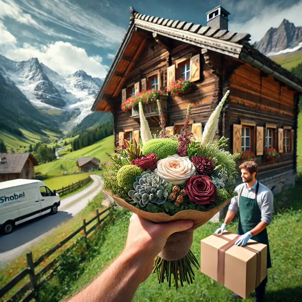 Blumenlieferung in Schlans – Florist übergibt frische Blumen vor Bündner Haus mit Blick auf die Alpen.