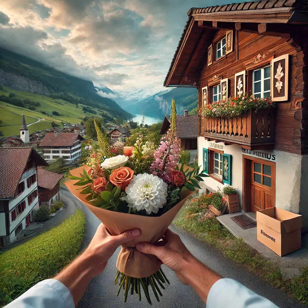 Blumenlieferung in Rabius – Florist übergibt frische Blumen vor Bündner Haus mit Blick auf das Vorderrheintal.