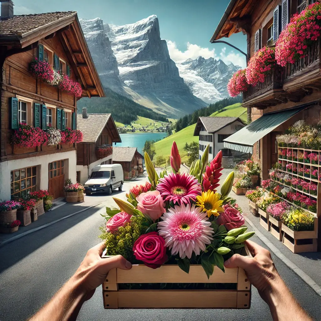 Blumenlieferung in Surrein – Florist übergibt frische Blumen vor traditionellem Bündner Haus mit Blick auf die Alpen.