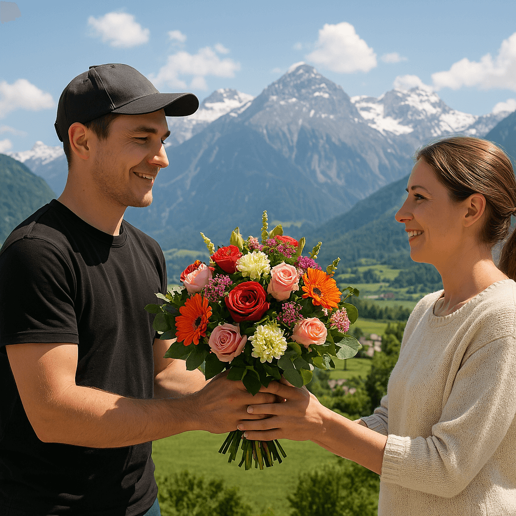 Blumenlieferung in Rhäzüns – Ein Florist übergibt einen frischen Blumenstrauß vor der wunderschönen Alpenlandschaft von Rhäzüns.