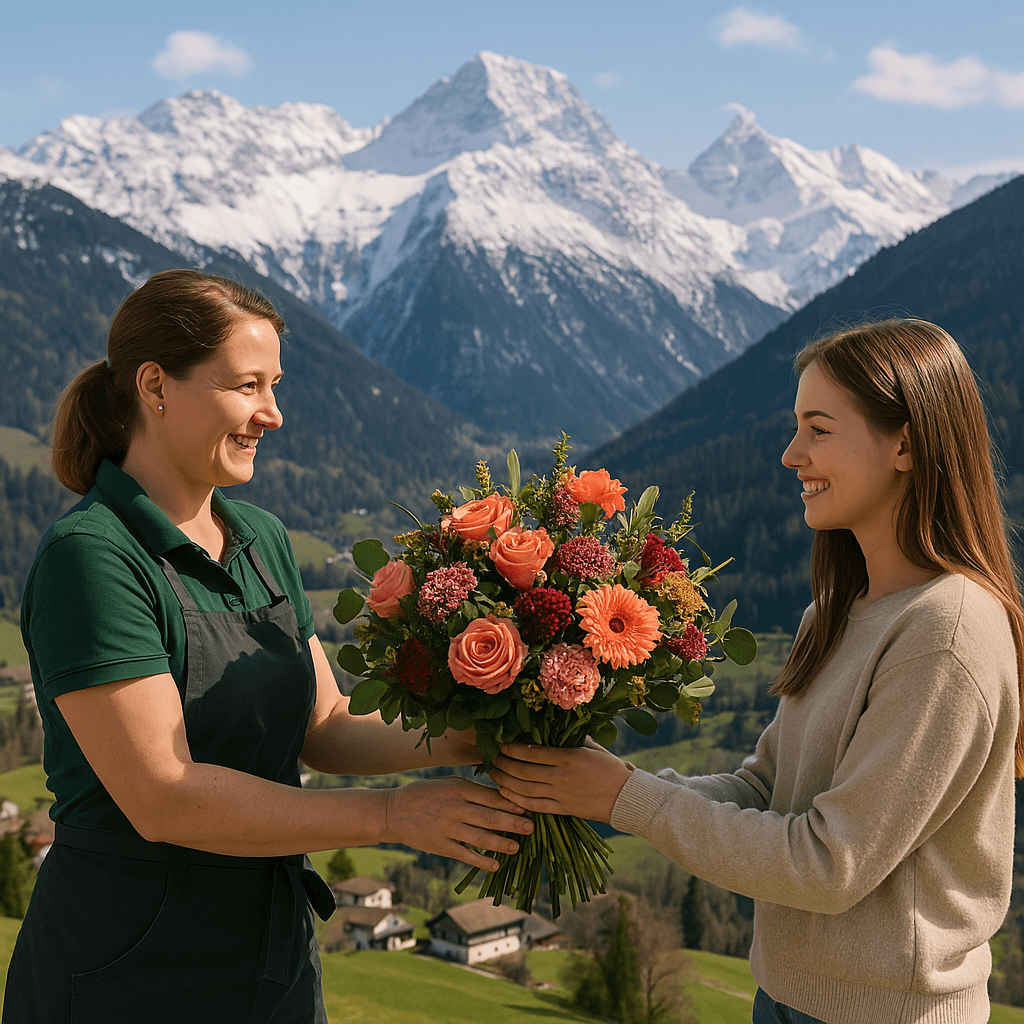 Blumenlieferung in Feldis/Veulden – Florist übergibt einen Blumenstrauß vor einer beeindruckenden Berglandschaft.