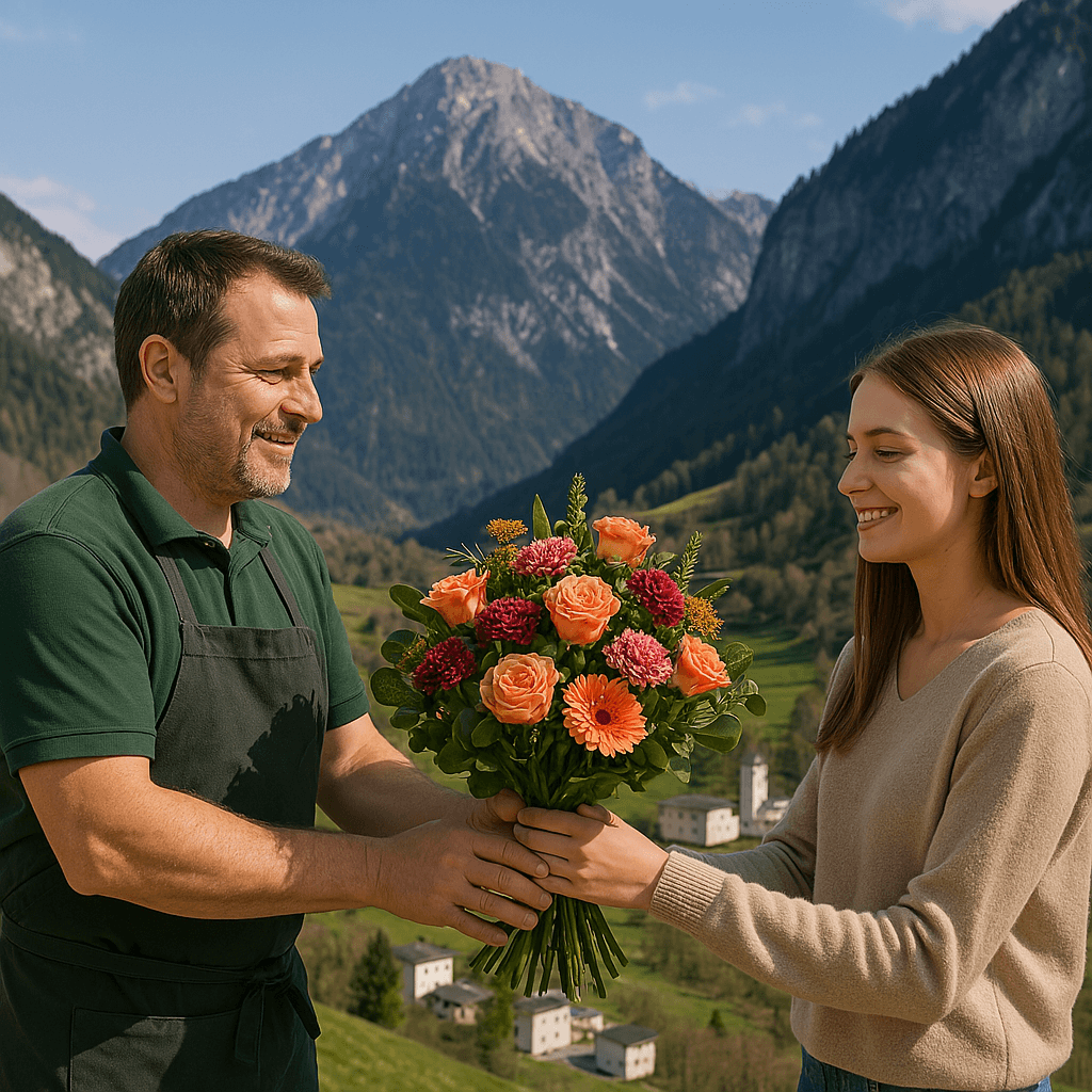Blumenlieferung in Rothenbrunnen – Ein Florist übergibt einen frischen Blumenstrauß vor der wunderschönen Bündner Berglandschaft.