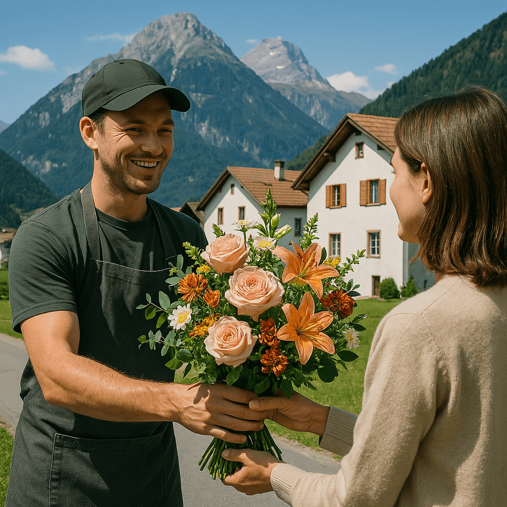 Blumenlieferung in Cazis – Ein Florist übergibt einen frischen Blumenstrauß vor der beeindruckenden Berglandschaft und den typischen Bündner Häusern.