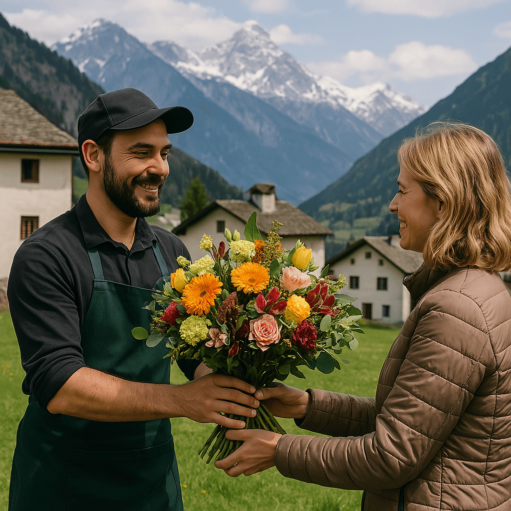 Blumenlieferung in Sils im Domleschg – Ein Florist übergibt einen frischen Blumenstrauß vor einer traditionellen Bündner Berglandschaft.