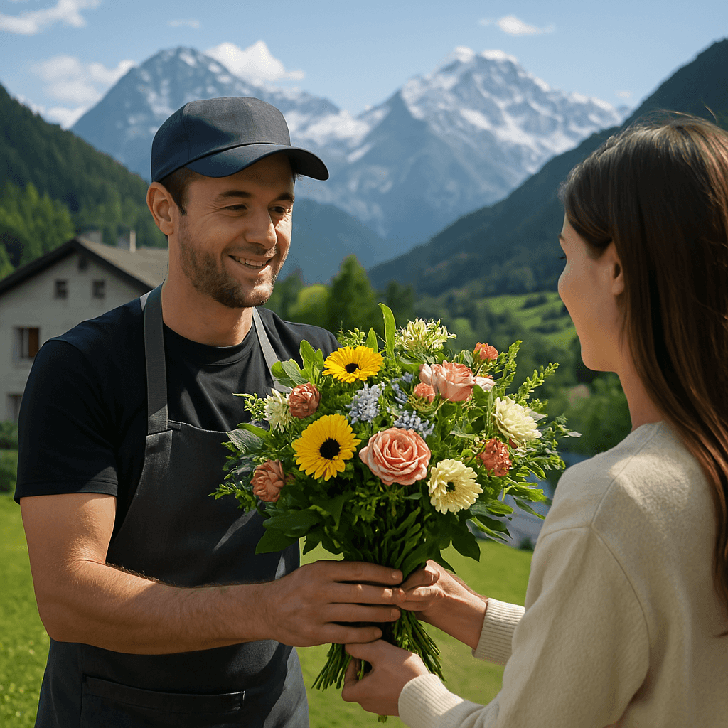 Blumenlieferung in Scharans – Ein Florist übergibt einen frischen Blumenstrauß vor einer traditionellen Bündner Berglandschaft.