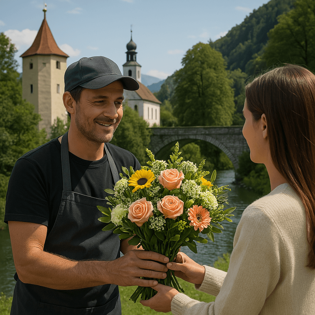 Blumenlieferung in Fürstenaubruck – Florist übergibt einen frischen Blumenstrauß vor einer historischen Gebäude- und Naturkulisse im Bündner Land.