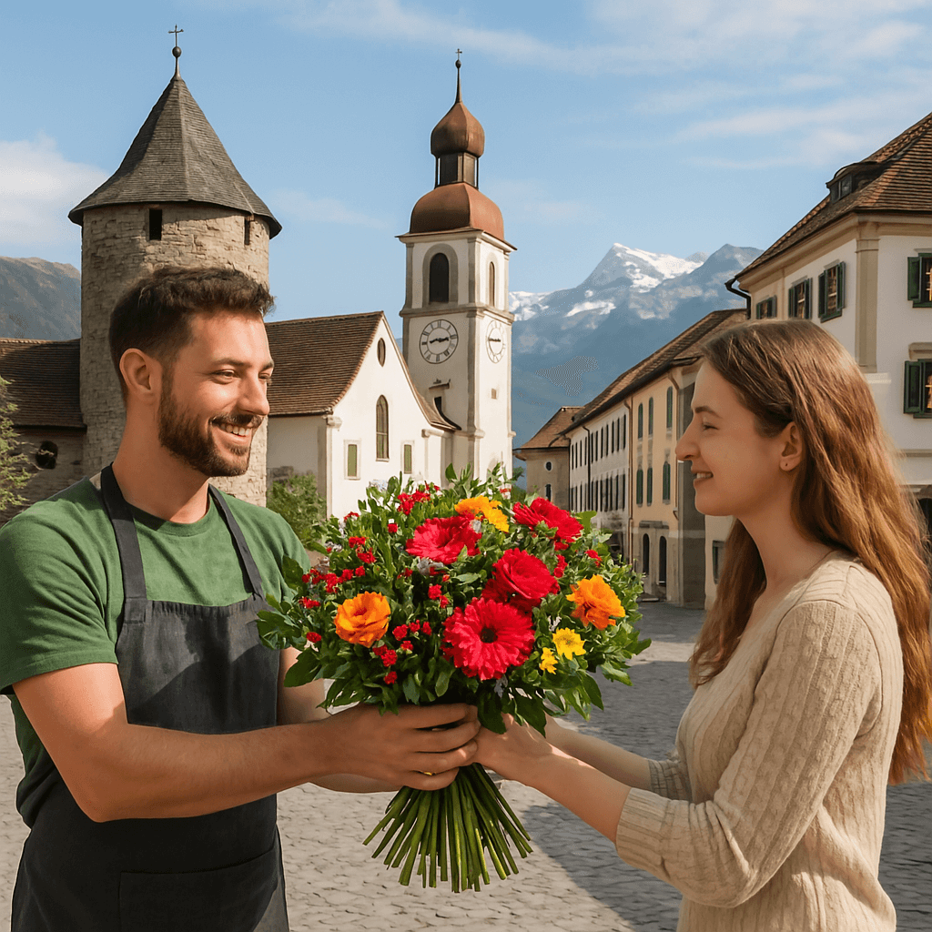 Blumenlieferung in Fürstenau – Ein Florist übergibt einen frischen Blumenstrauß vor der historischen Altstadt und der Alpenlandschaft von Fürstenau.