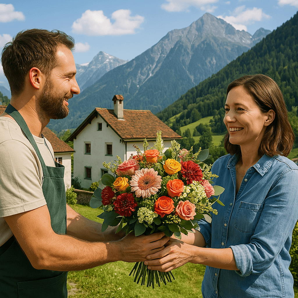 Blumenlieferung in Pratval – Ein Florist übergibt einen frischen Blumenstrauß vor einer traditionellen Bündner Berglandschaft.