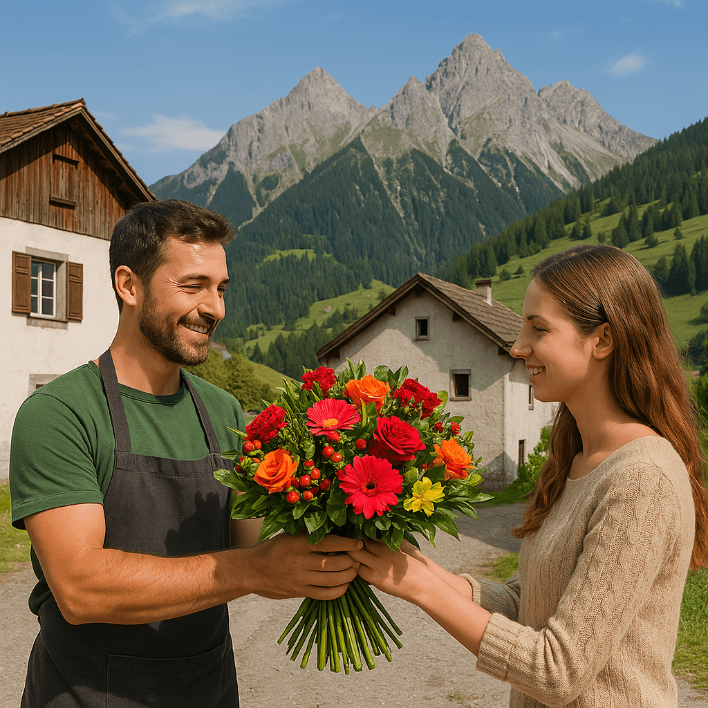 Blumenlieferung in Rodels – Ein Florist übergibt einen frischen Blumenstrauß vor der traditionellen Bündner Berglandschaft.