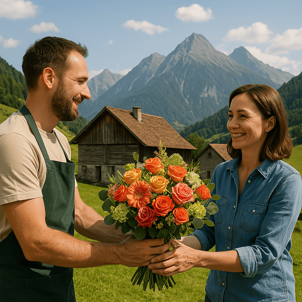 Blumenlieferung in Almens – Ein Florist übergibt einen frischen Blumenstrauß vor einer traditionellen Bündner Berglandschaft.