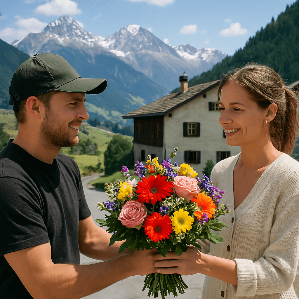 Blumenlieferung in Scheid – Ein Florist übergibt einen frischen Blumenstrauß vor einer traditionellen Bündner Berglandschaft.
