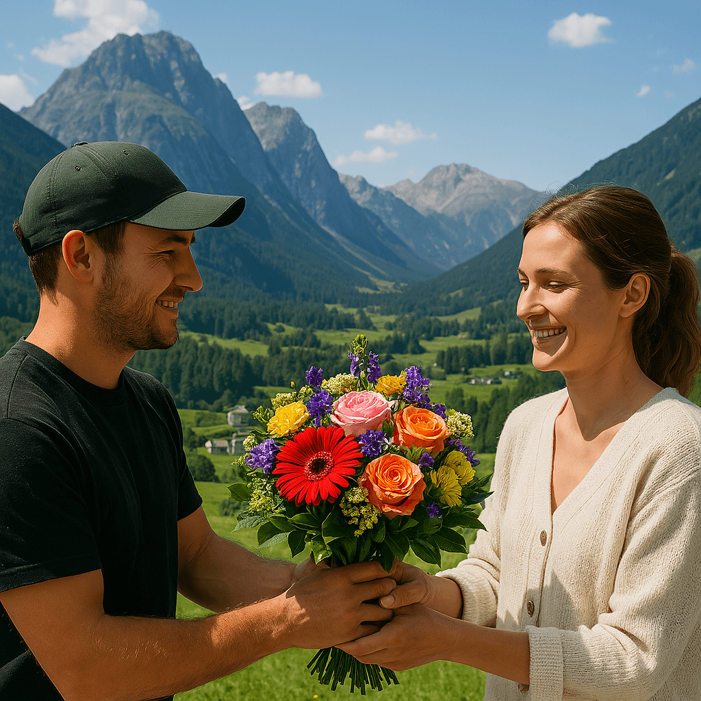 Blumenlieferung in Summaprada – Ein Florist übergibt einen frischen Blumenstrauß vor einer beeindruckenden Bündner Berglandschaft.