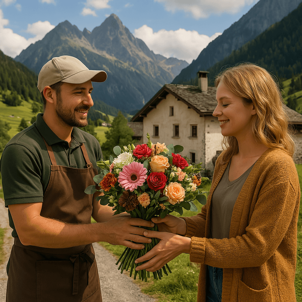 Blumenlieferung in Tartar – Ein Florist übergibt einen frischen Blumenstrauß vor einer traditionellen Bündner Berglandschaft.