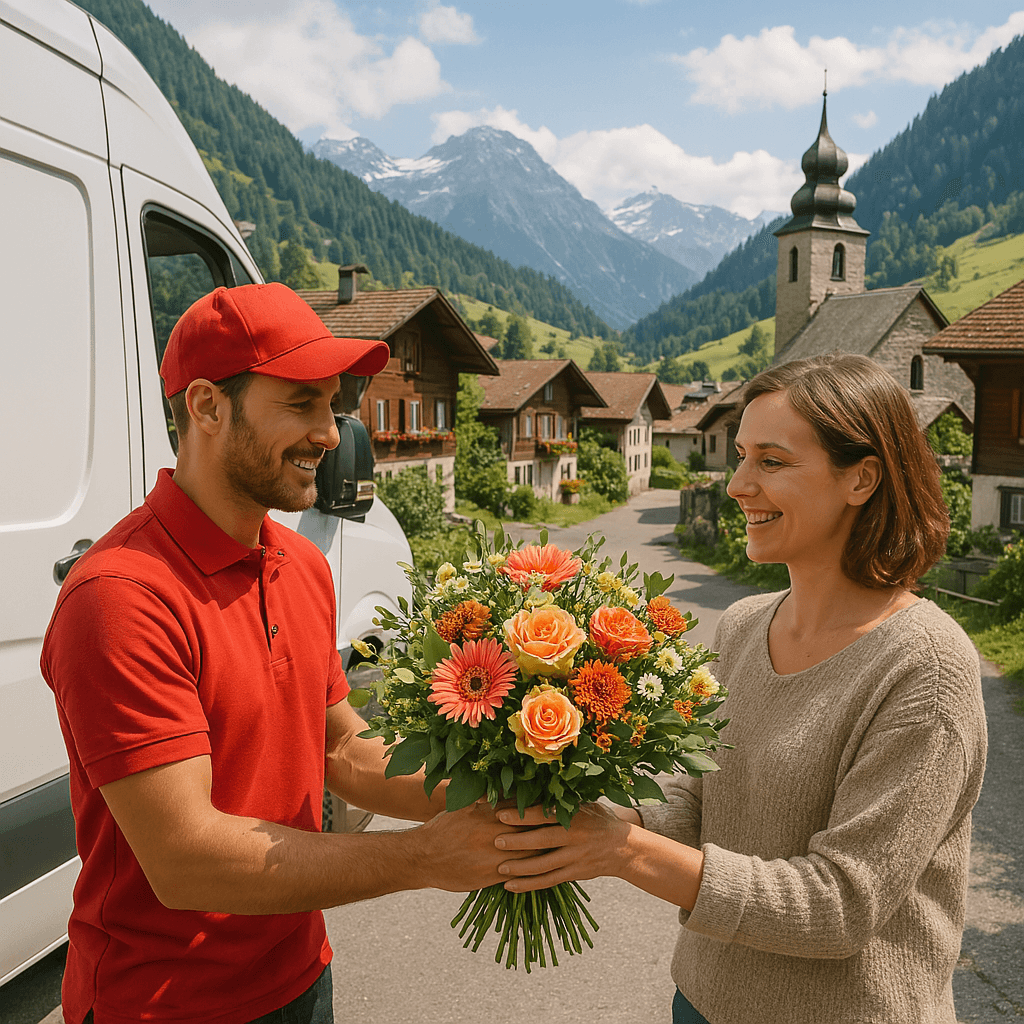 Blumenlieferung in Portein – Blumenstrauß wird von einem Lieferfahrer in einem malerischen Alpen-Dorf übergeben.