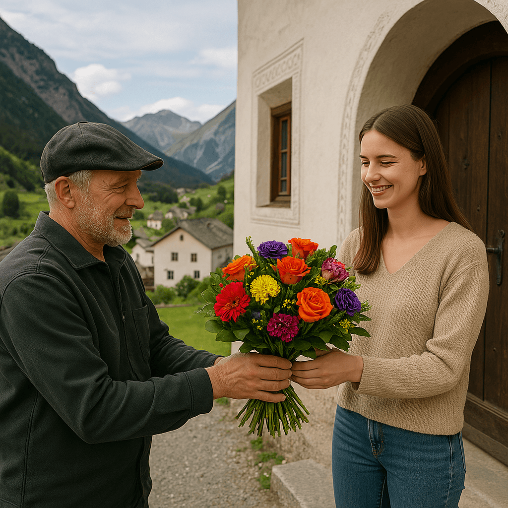 Blumenlieferung in Susch – Frischer Blumenstrauss wird vor Engadinerhaus mit Blick auf das Tal und die Alpen übergeben.