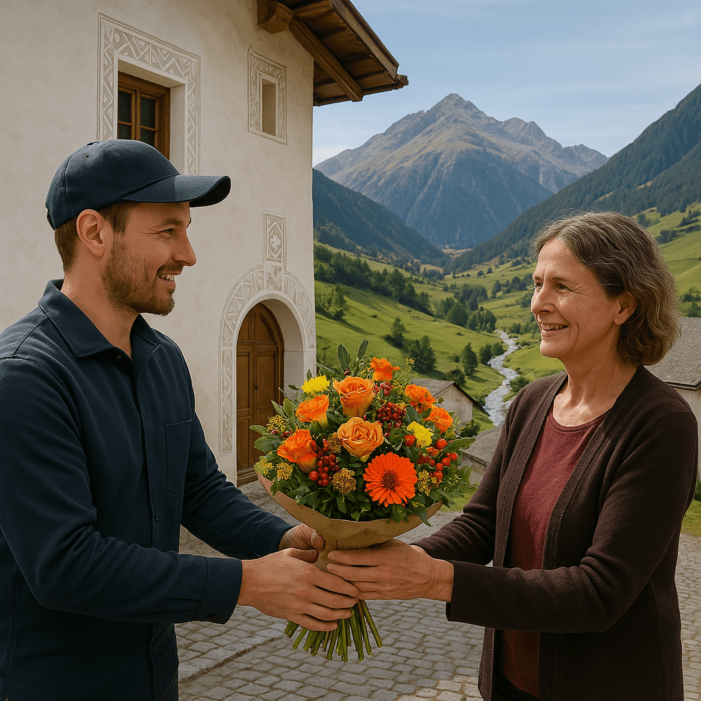Blumenlieferung in Ftan – Frischer Blumenstrauss wird vor Engadinerhaus mit Blick auf das Tal und die Alpen übergeben.