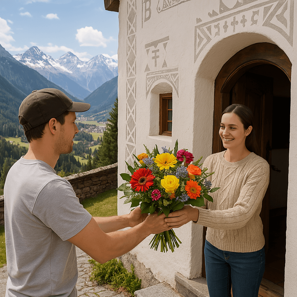 Blumenlieferung in Vulpera – Frischer Blumenstrauss wird vor Engadinerhaus mit Blick auf das Tal und die Alpen übergeben.