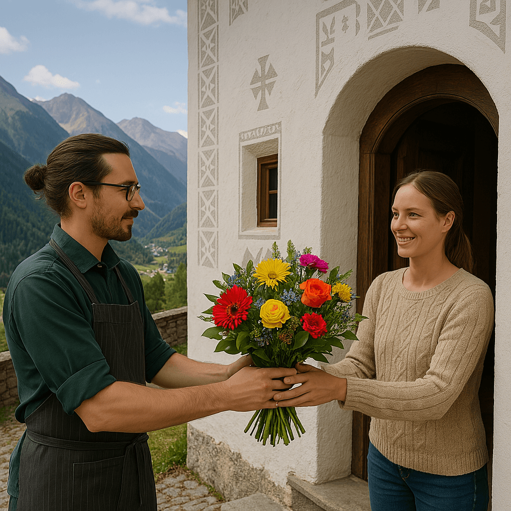 Blumenlieferung in Tarasp – Frischer Blumenstrauss wird vor Engadinerhaus mit Blick auf das Val Müstair und die Alpen übergeben.