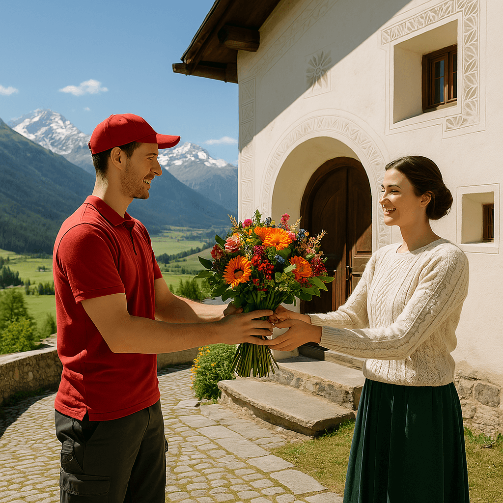 Blumenlieferung in Crusch – Frischer Blumenstrauss wird vor Engadinerhaus mit Blick auf das Tal und die Alpen übergeben.