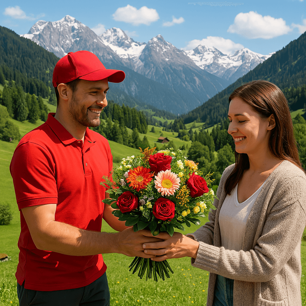 Blumenlieferung in Präz – Blumenstrauß wird von einem Lieferfahrer an eine Empfangsperson in einer idyllischen Alpenlandschaft übergeben.