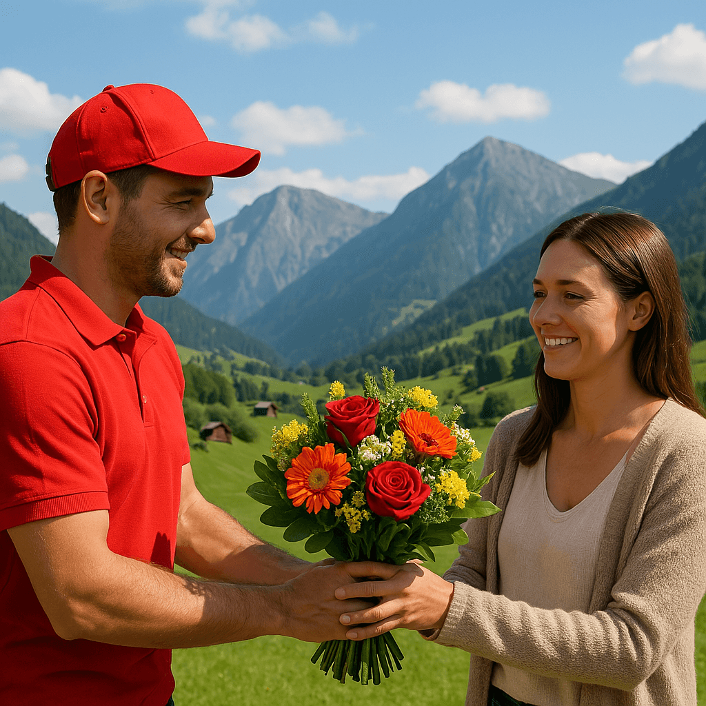 Blumenlieferung in Dalin – Blumenstrauß wird von einem Lieferfahrer an eine Empfangsperson in einer idyllischen Berglandschaft übergeben.