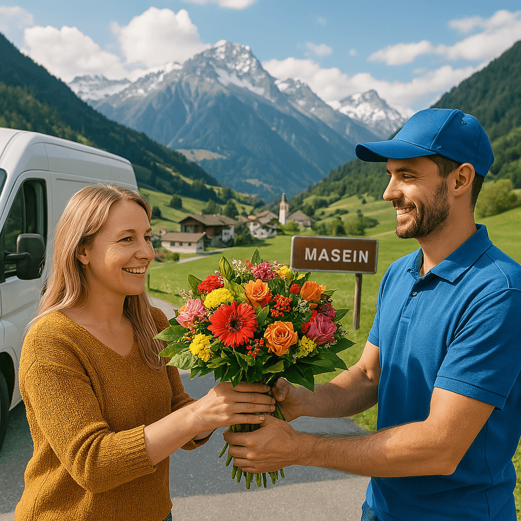 Blumenlieferung in Masein – Blumenstrauß wird von einem Lieferfahrer in einer malerischen alpinen Landschaft in Masein übergeben.