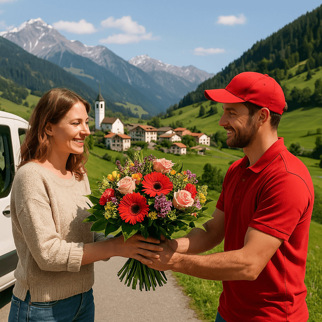 Blumenlieferung in Flerden – Blumenstrauß wird von einem Lieferfahrer in einer idyllischen Berglandschaft in Flerden übergeben.