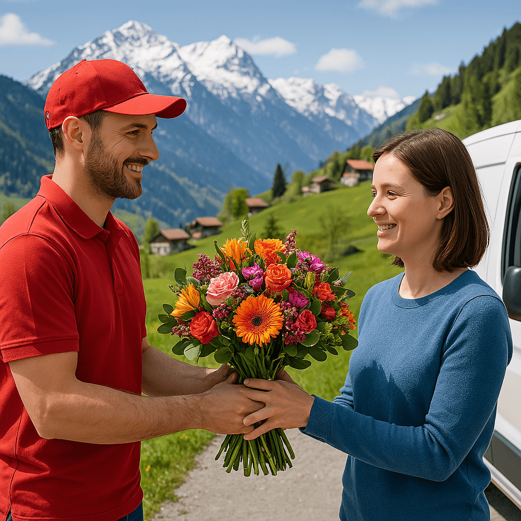 Blumenlieferung in Urmein – Blumenstrauß wird von einem Lieferfahrer an eine Empfangsperson in der malerischen alpinen Umgebung von Urmein übergeben.