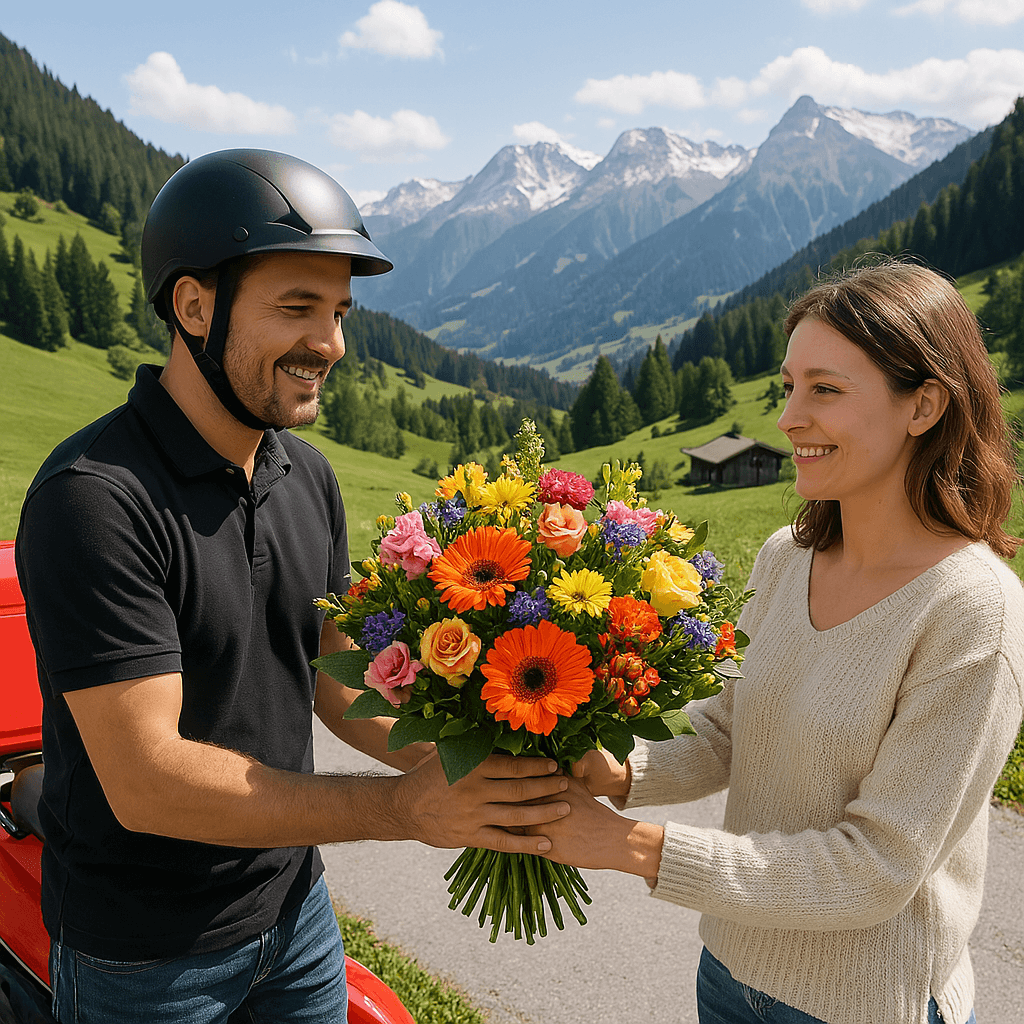 Blumenlieferung in Tschappina – Blumenstrauß wird von einem Lieferfahrer in einer idyllischen alpinen Umgebung von Tschappina übergeben.