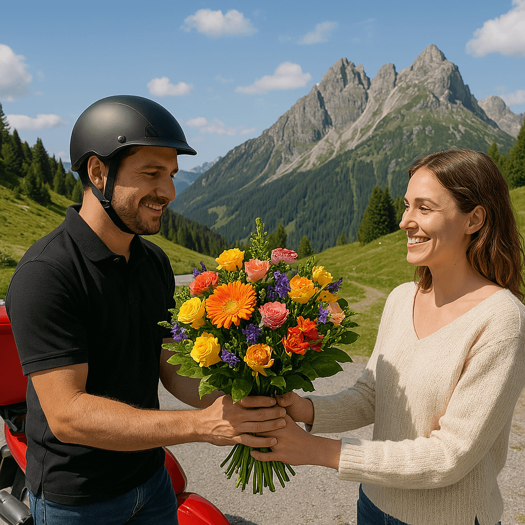 Blumenlieferung in Glaspass – Blumenstrauß wird von einem Lieferfahrer in der malerischen alpinen Umgebung von Glaspass übergeben.