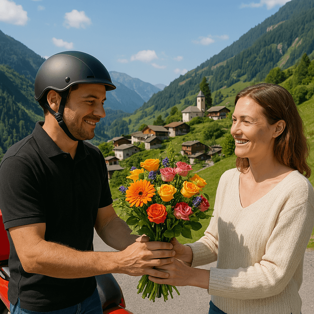 Blumenlieferung in Rongellen – Blumenstrauß wird von einem Lieferfahrer in der malerischen alpinen Umgebung von Rongellen übergeben.