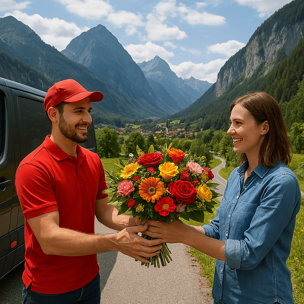 Blumenlieferung in Thusis – Blumenstrauß wird von einem Lieferfahrer an eine Empfangsperson in der beeindruckenden Umgebung von Thusis übergeben.