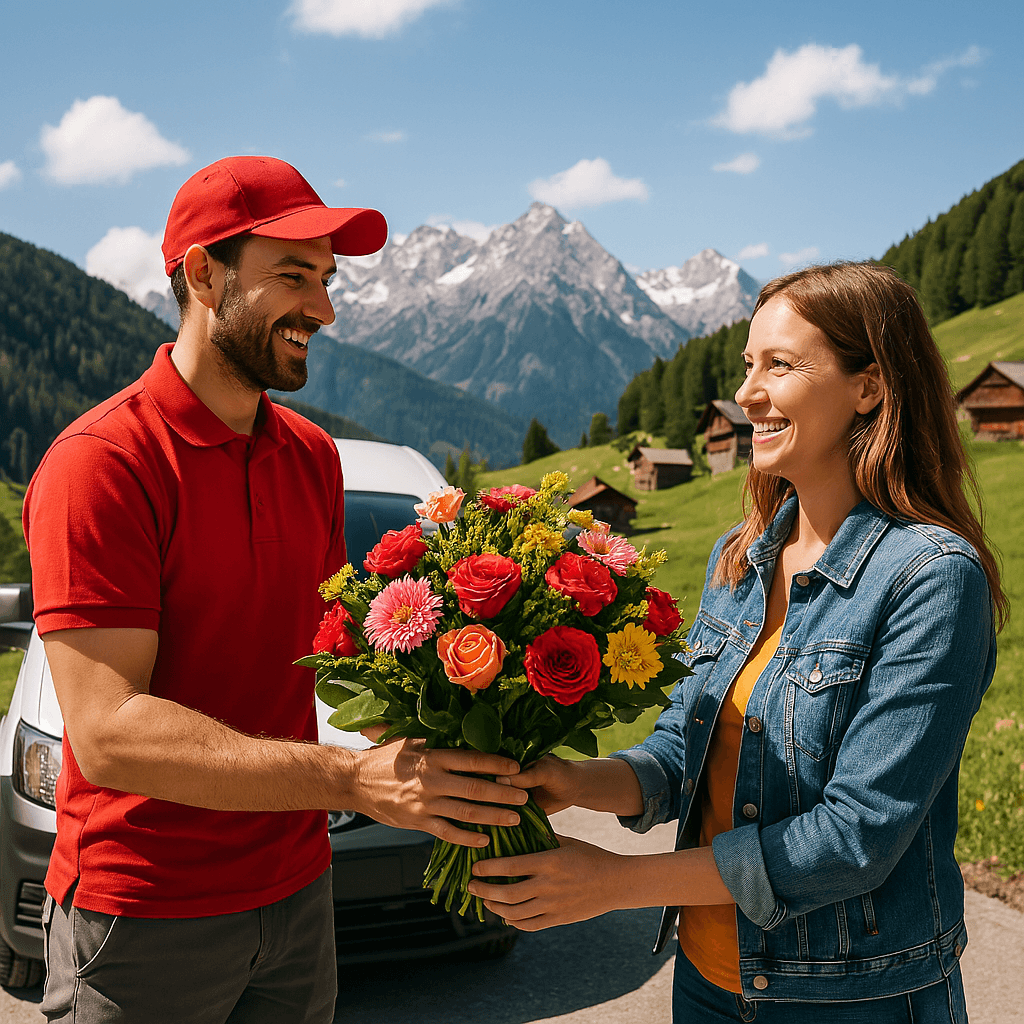 Blumenlieferung in Obermutten – Blumenstrauß wird von einem Lieferfahrer an eine Empfangsperson in der beeindruckenden Berglandschaft von Obermutten übergeben.