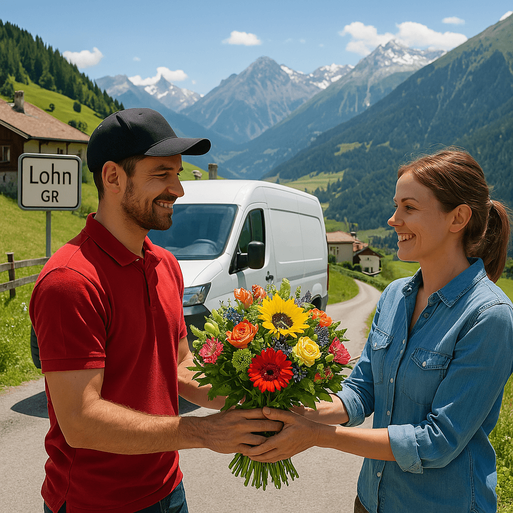 Blumenlieferung in Lohn GR – Blumenstrauß wird von einem Lieferfahrer in der malerischen Berglandschaft von Lohn GR übergeben.