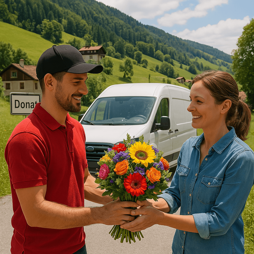 Blumenlieferung in Donat – Blumenstrauß wird von einem Lieferfahrer in der malerischen Umgebung von Donat übergeben.