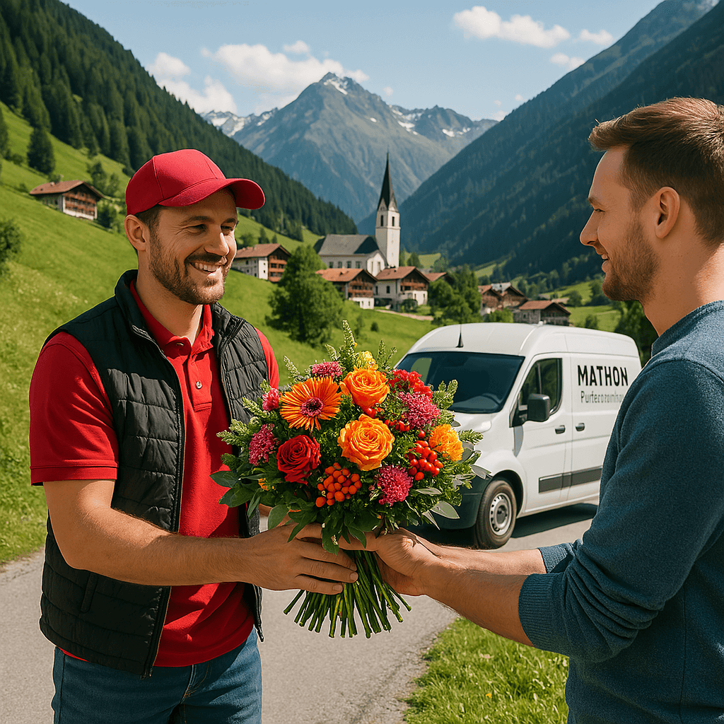Blumenlieferung in Mathon – Blumenstrauß wird von einem Lieferfahrer in der malerischen Berglandschaft von Mathon übergeben.