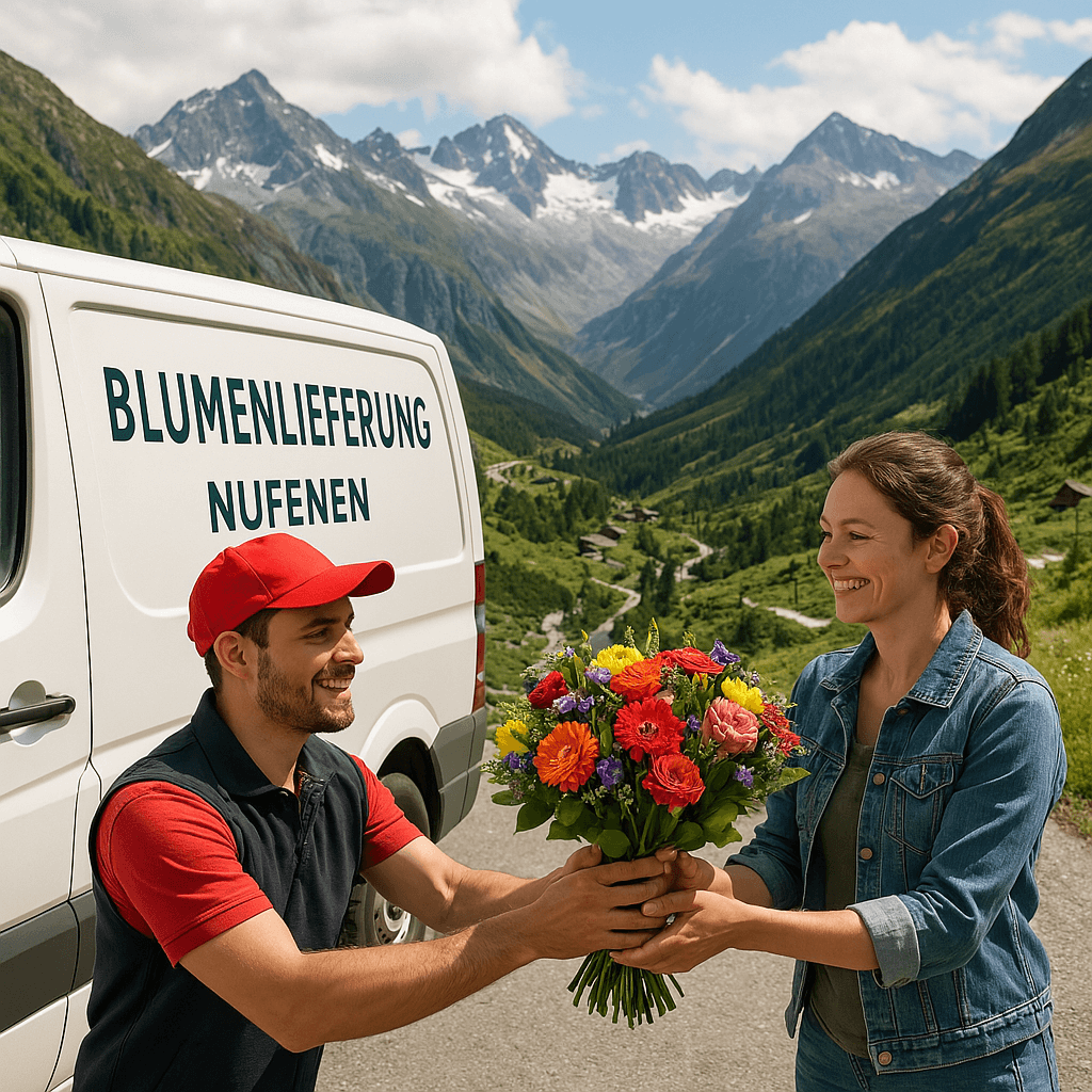 Blumenlieferung in Nufenen – Blumenstrauß wird von einem Lieferfahrer in der malerischen Berglandschaft von Nufenen übergeben.