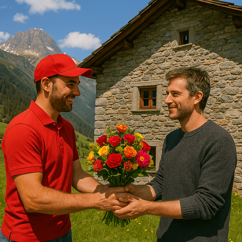 Blumenlieferung in Wergenstein – Lieferfahrer übergibt bunten Blumenstrauß vor traditionellem Haus in alpiner Berglandschaft.
