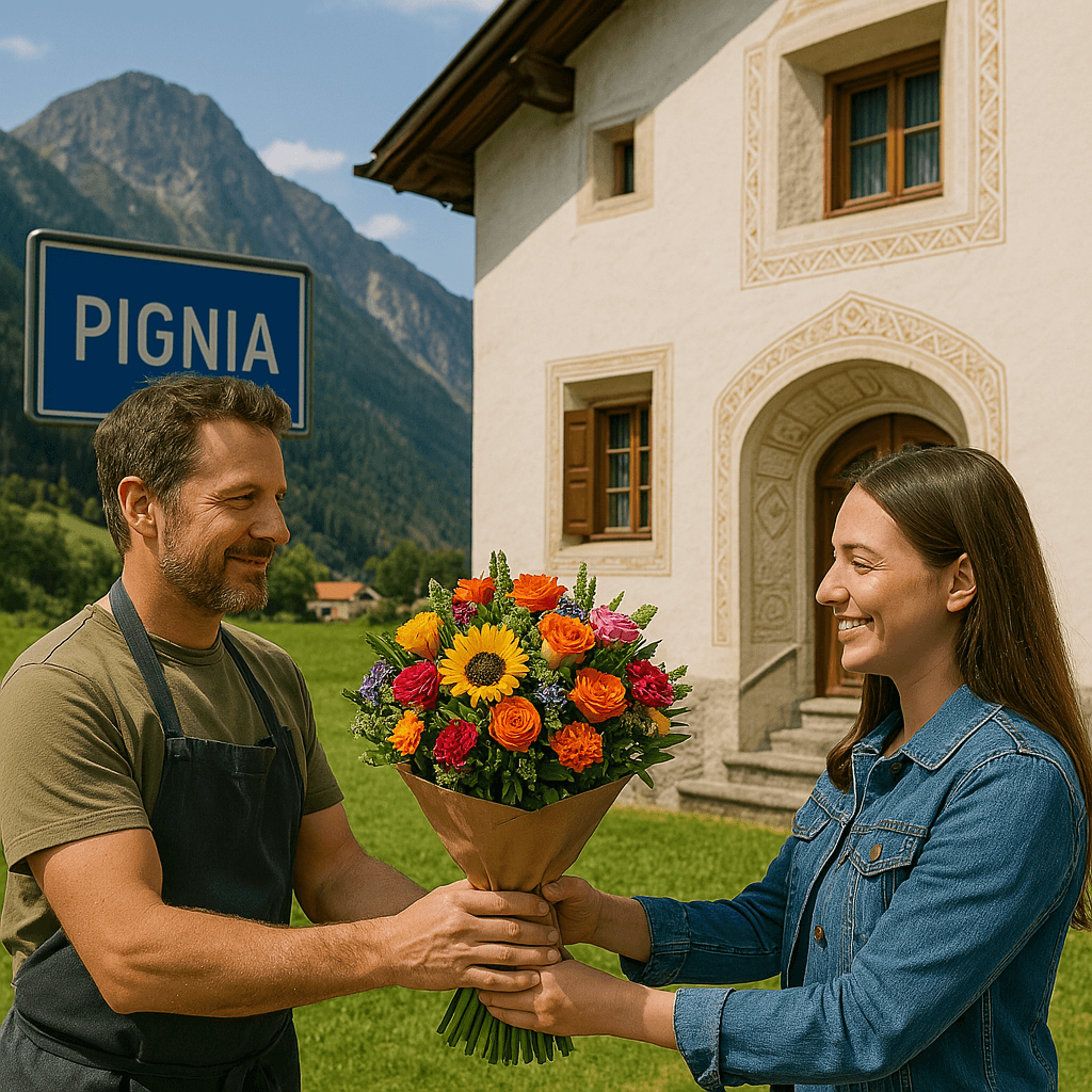 Blumenlieferung in Pignia – Florist übergibt frischen Blumenstrauß vor traditionellem Bündner Haus mit alpiner Landschaft im Hintergrund.