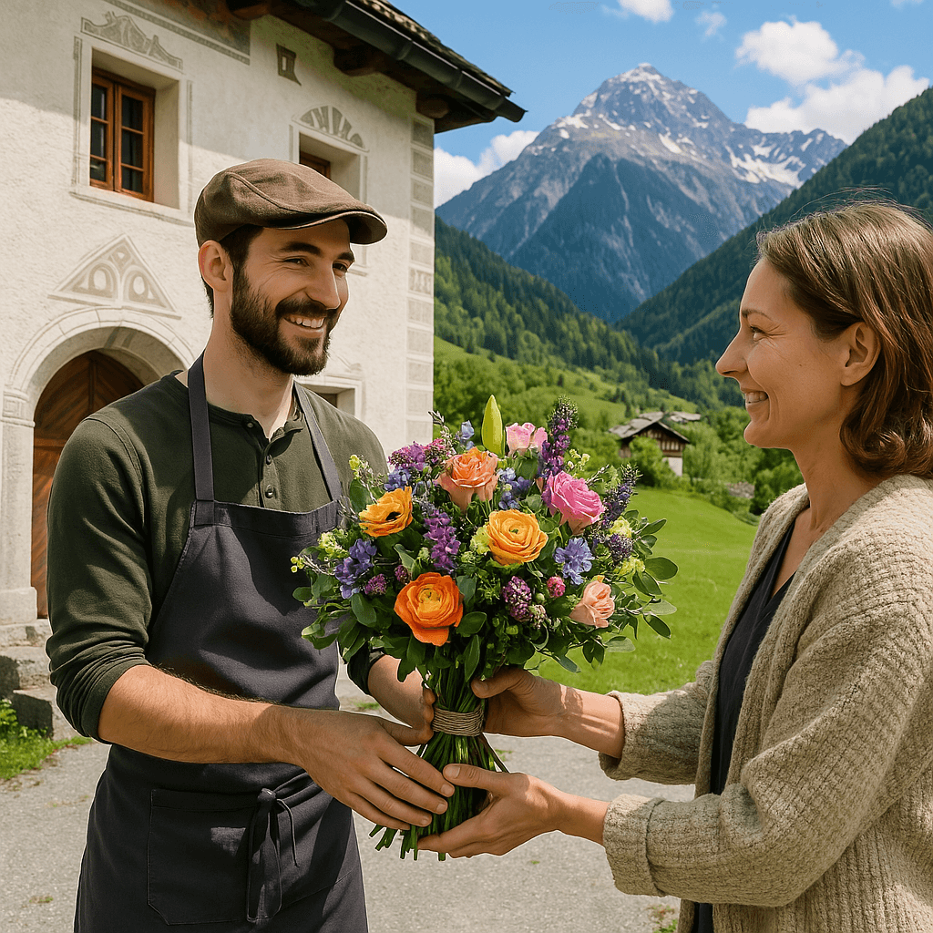 Blumenlieferung in Ausserferrera – Florist übergibt bunten Blumenstrauß vor Walserhaus mit typischer Bündner Berglandschaft.