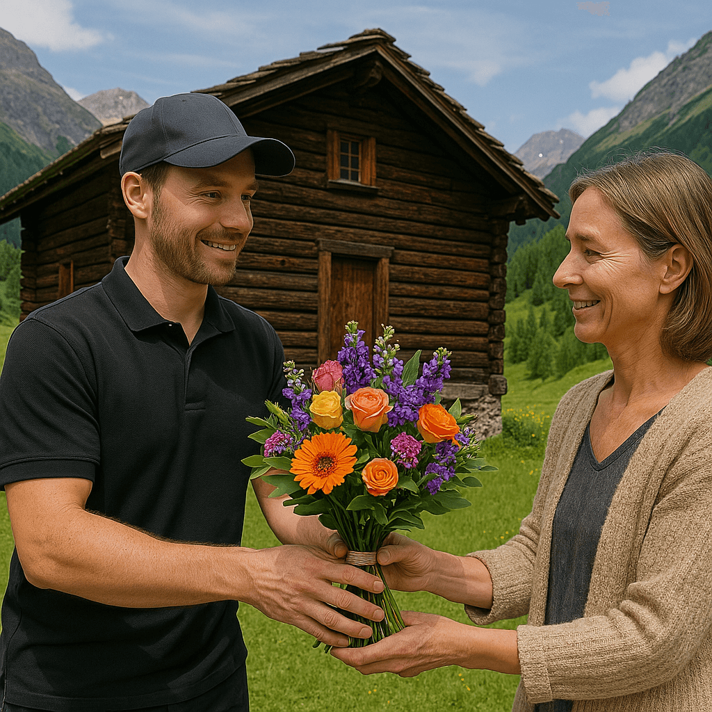 Blumenlieferung in Campsut-Cröt – Frischer Blumenstrauss wird vor einem Walserhaus in alpiner Landschaft übergeben.