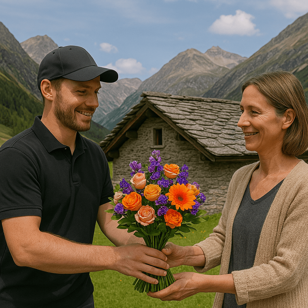 Blumenlieferung in Cresta (Avers) – Frischer Blumenstrauss wird vor Walserhaus in hochalpiner Umgebung übergeben.