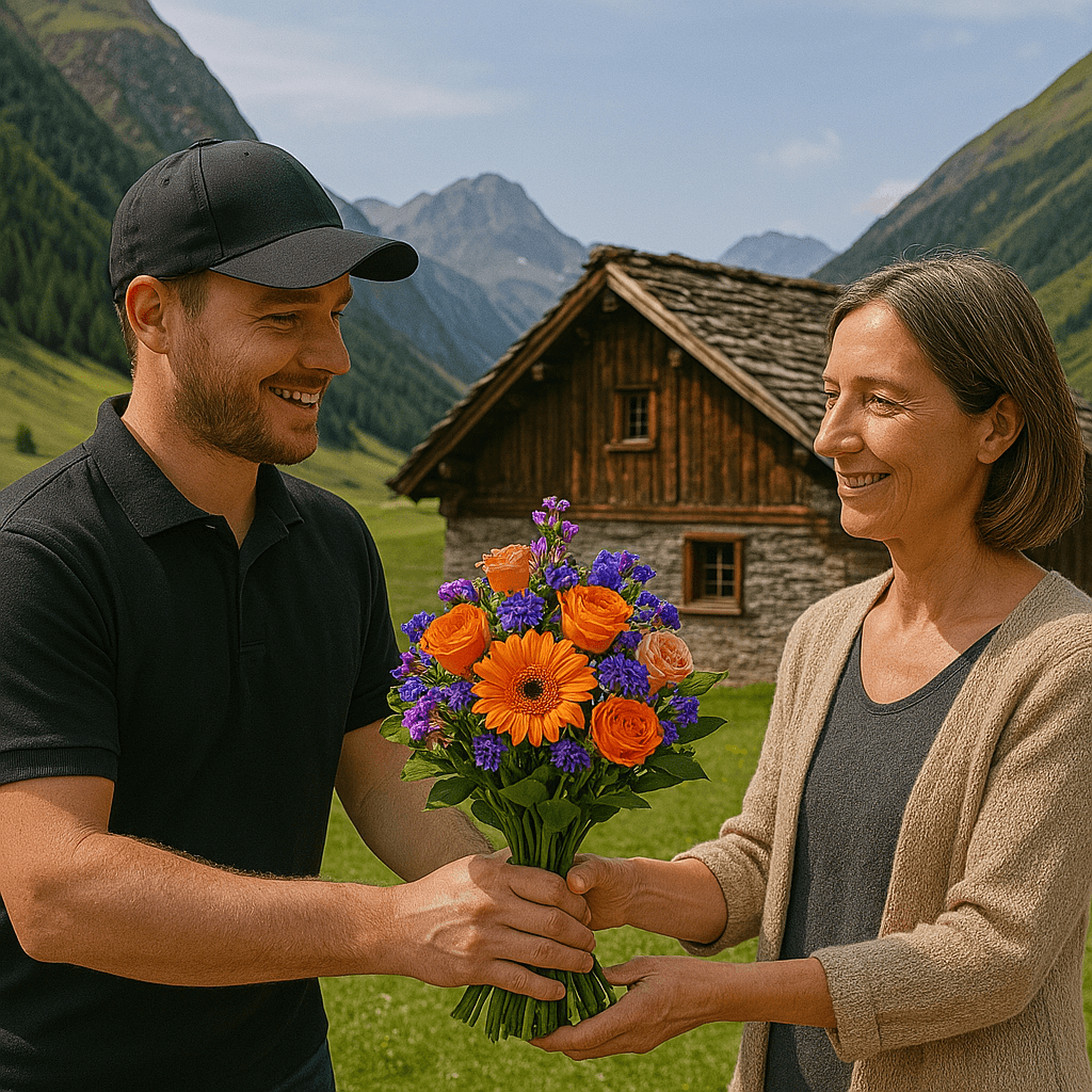 Blumenlieferung in Am Bach (Avers) – Florist übergibt Blumenstrauss vor Walserhaus in alpiner Hochgebirgskulisse.