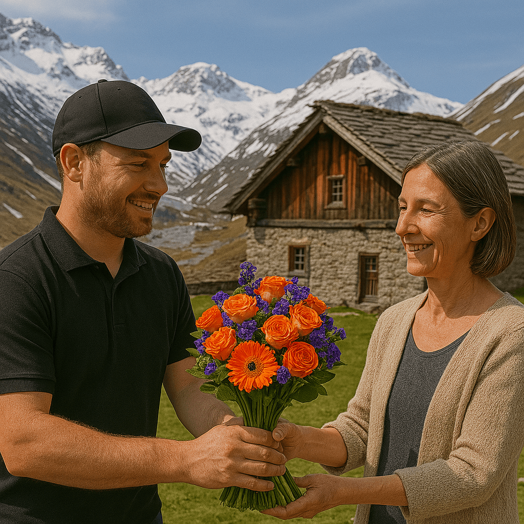 Blumenlieferung in Juf – Florist übergibt Blumenstrauss vor Walserhaus in höchstgelegener Siedlung Europas mit alpiner Bergkulisse.
